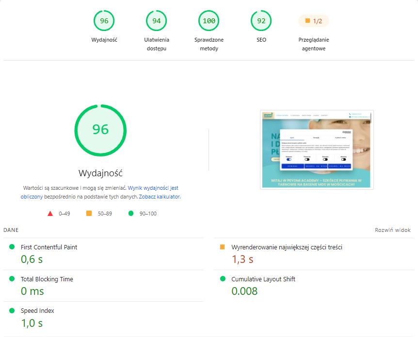 Peyomi Academy — wynik PageSpeed Insights
