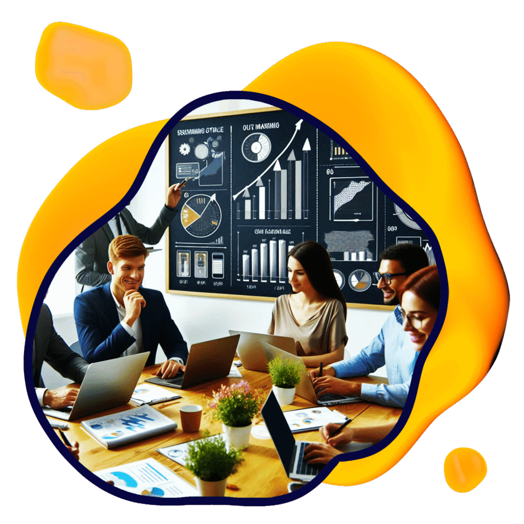 Grupa ludzi pracujących przy stole z laptopami i prezentacją na ścianie w tle. Marketing cyfrowy